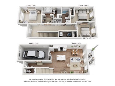Floor plan for 3 beds, 2.5 baths, 1564 sqft